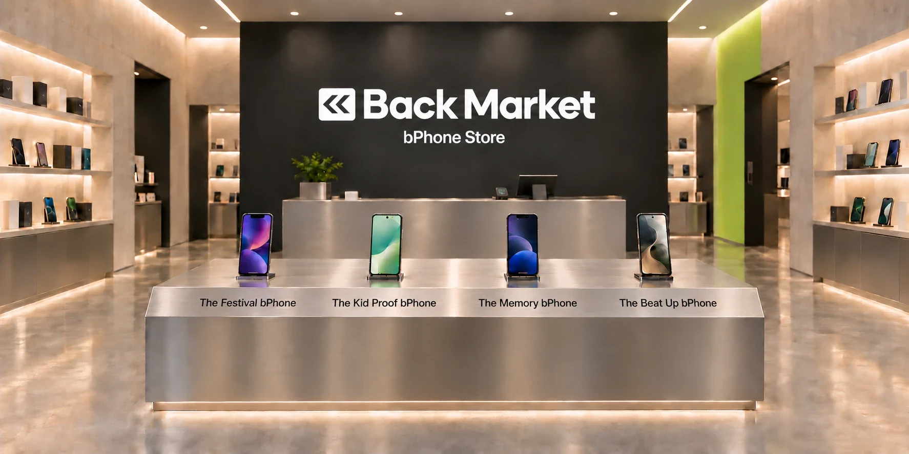 A Back Market bPhone Store: four phones on a steel counter labelled The Festival bPhone, The Kid Proof bPhone, The Memory bPhone and The Beat Up bPhone, under a Back Market sign
