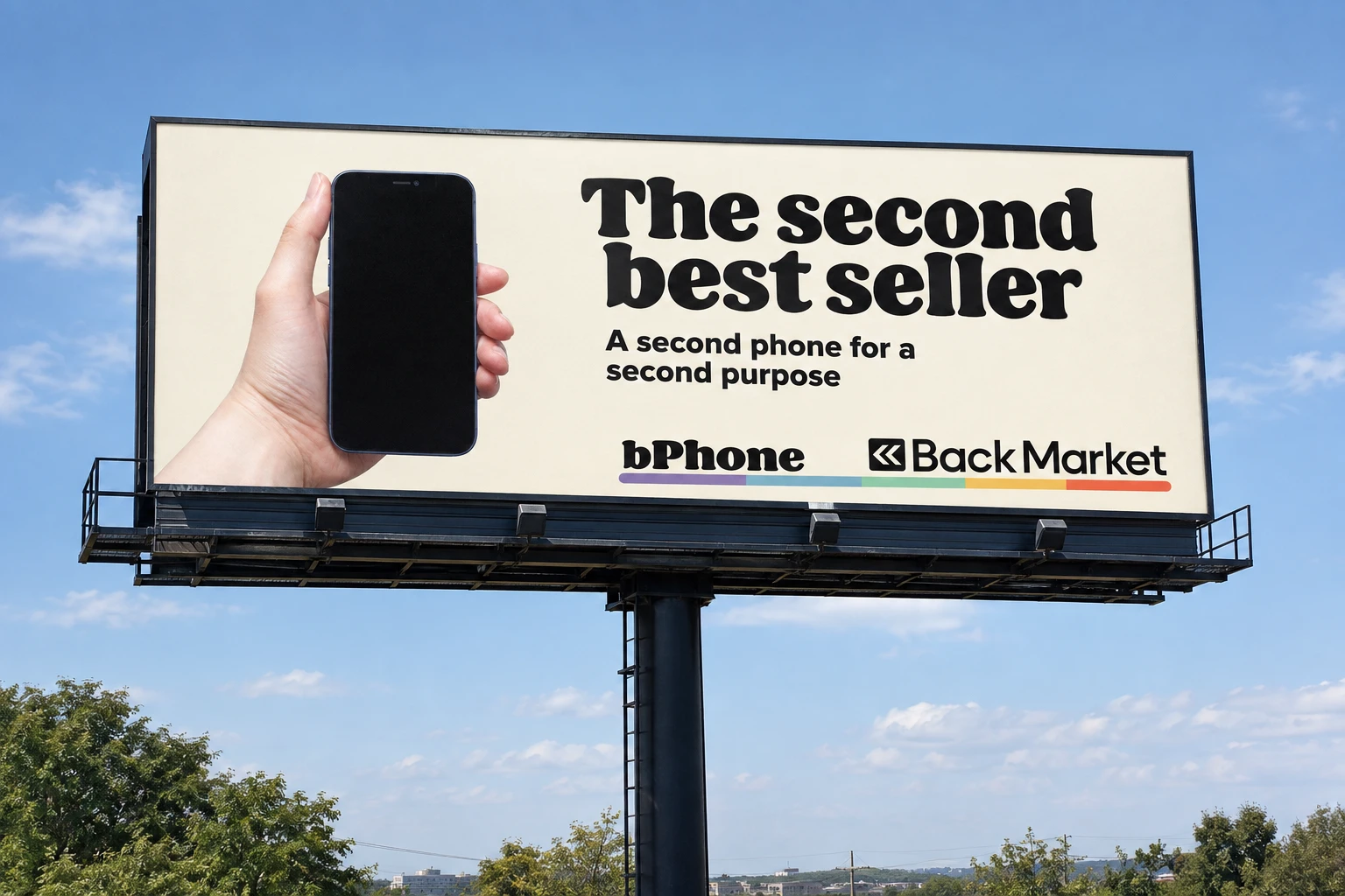 Roadside billboard: a hand holding a phone, 'The second best seller', bPhone by Back Market