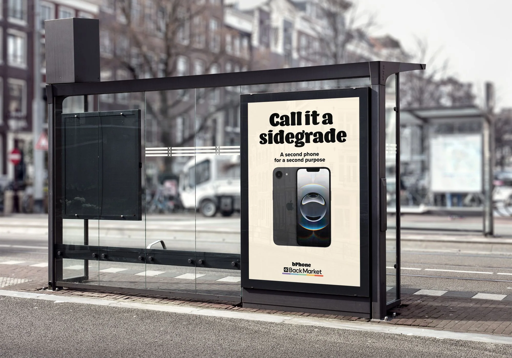 Bus shelter poster: the front and back of an iPhone, 'Call it a sidegrade'