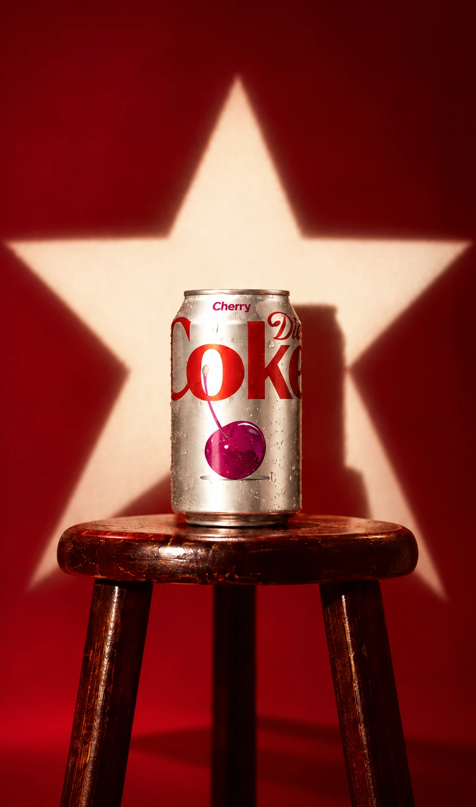 A can of Diet Coke Cherry on a wooden stool in front of a spotlit star