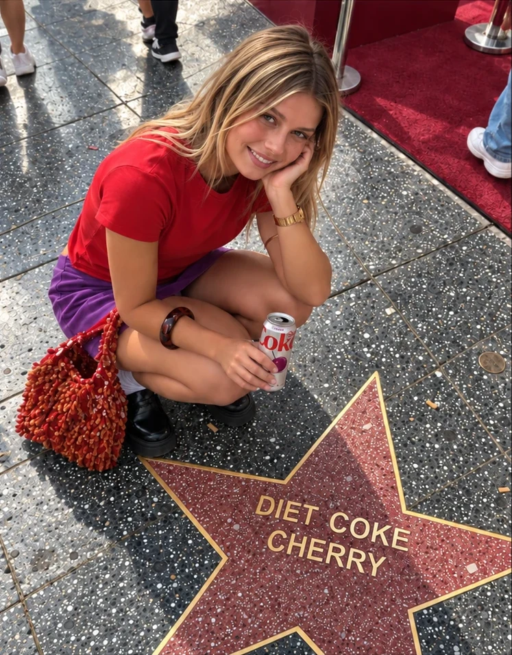A young woman crouches with a can of Diet Coke Cherry beside a Walk of Fame star reading DIET COKE CHERRY
