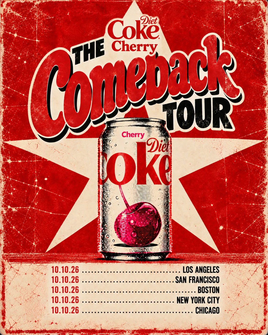 Diet Coke Cherry, The Comeback Tour: a can of Diet Coke Cherry in front of a star, with 10.10.26 dates in Los Angeles, San Francisco, Boston, New York City and Chicago