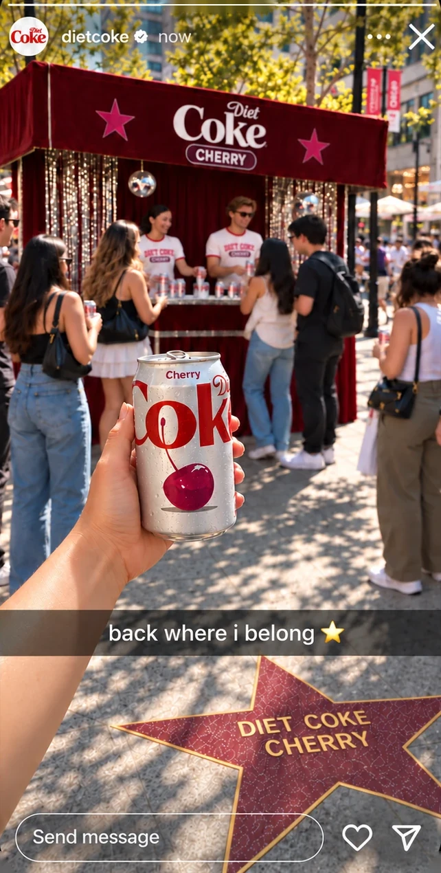 Instagram Story from dietcoke: a hand holds up a can of Diet Coke Cherry in front of a red Diet Coke Cherry pop-up booth, above a Walk of Fame star reading DIET COKE CHERRY, captioned 'back where i belong ⭐'