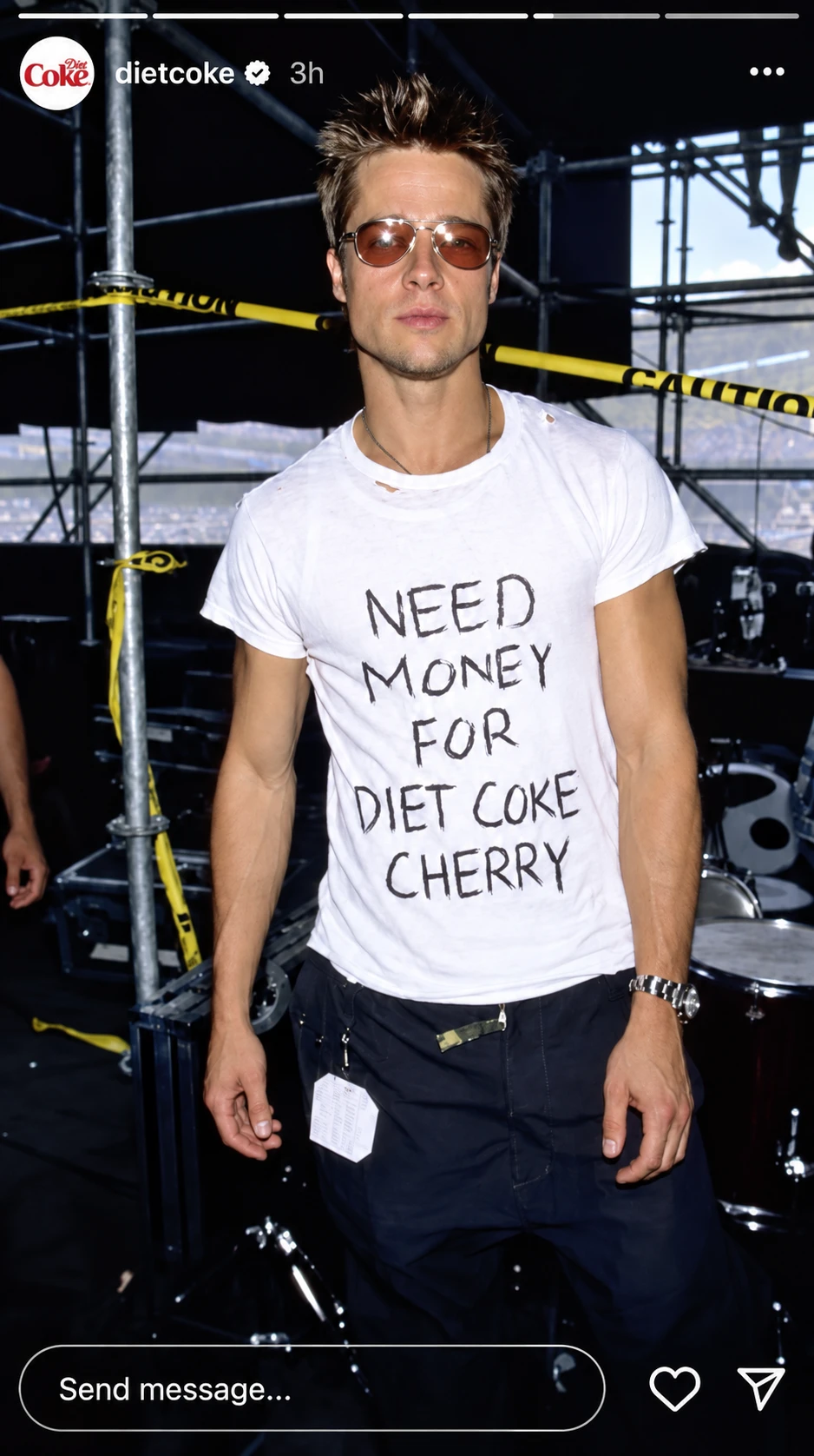 Instagram Story from dietcoke: a man backstage in a T-shirt hand-lettered 'NEED MONEY FOR DIET COKE CHERRY'