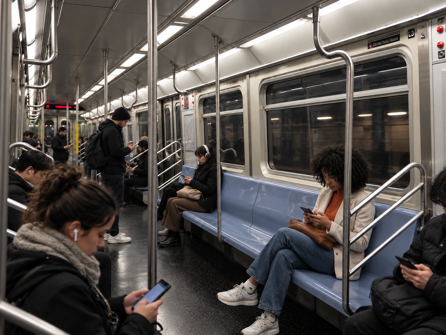 Riders on a New York subway car, all looking down at their phones, the windows showing the dark tunnel