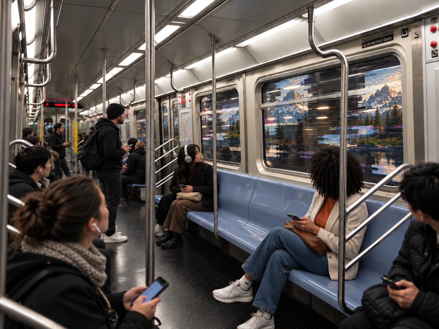 The subway windows glitch as the tunnel breaks up into a mountain view, and riders start to look up