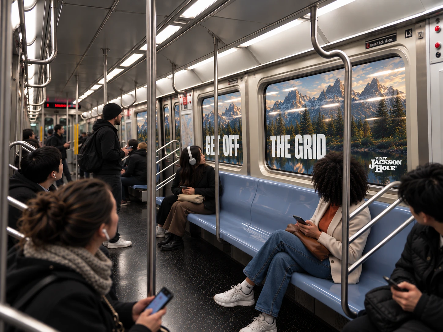 The subway windows now show the Tetons and a mountain lake, spelling out GET OFF THE GRID, as riders look up from their phones