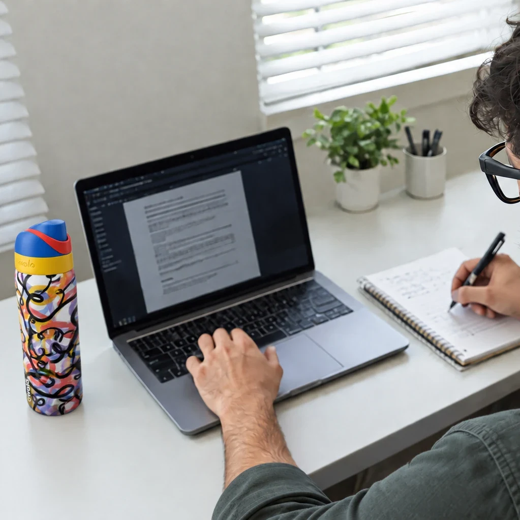 Working: a man types on a laptop and takes notes, a patterned Owala bottle beside him on the desk