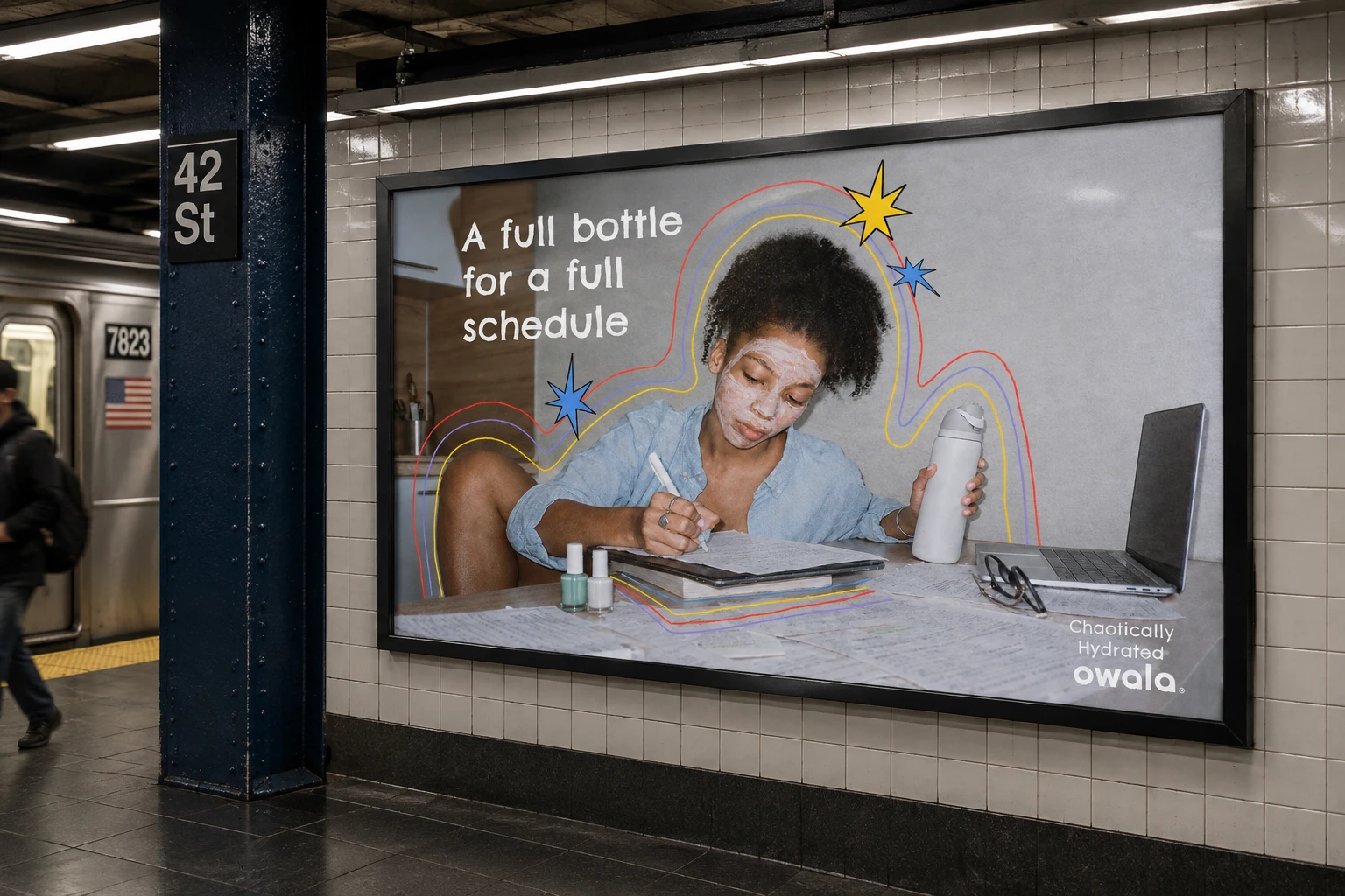 Subway platform billboard at 42 St: a woman in a face mask studies with an Owala in hand, 'A full bottle for a full schedule'