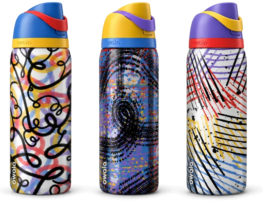 Three redesigned Owala bottles with hand-drawn loops, fingerprint swirls and crosshatch patterns in primary colours