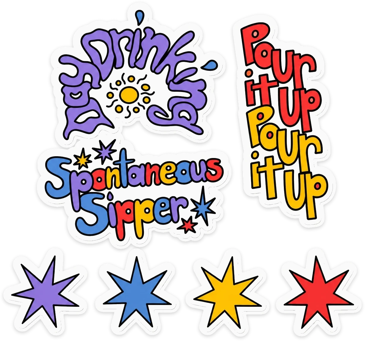 Owala sticker sheet: 'Day Drinking' with a sun, 'Pour It Up Pour It Up', 'Spontaneous Sipper' and four starbursts in purple, blue, yellow and red