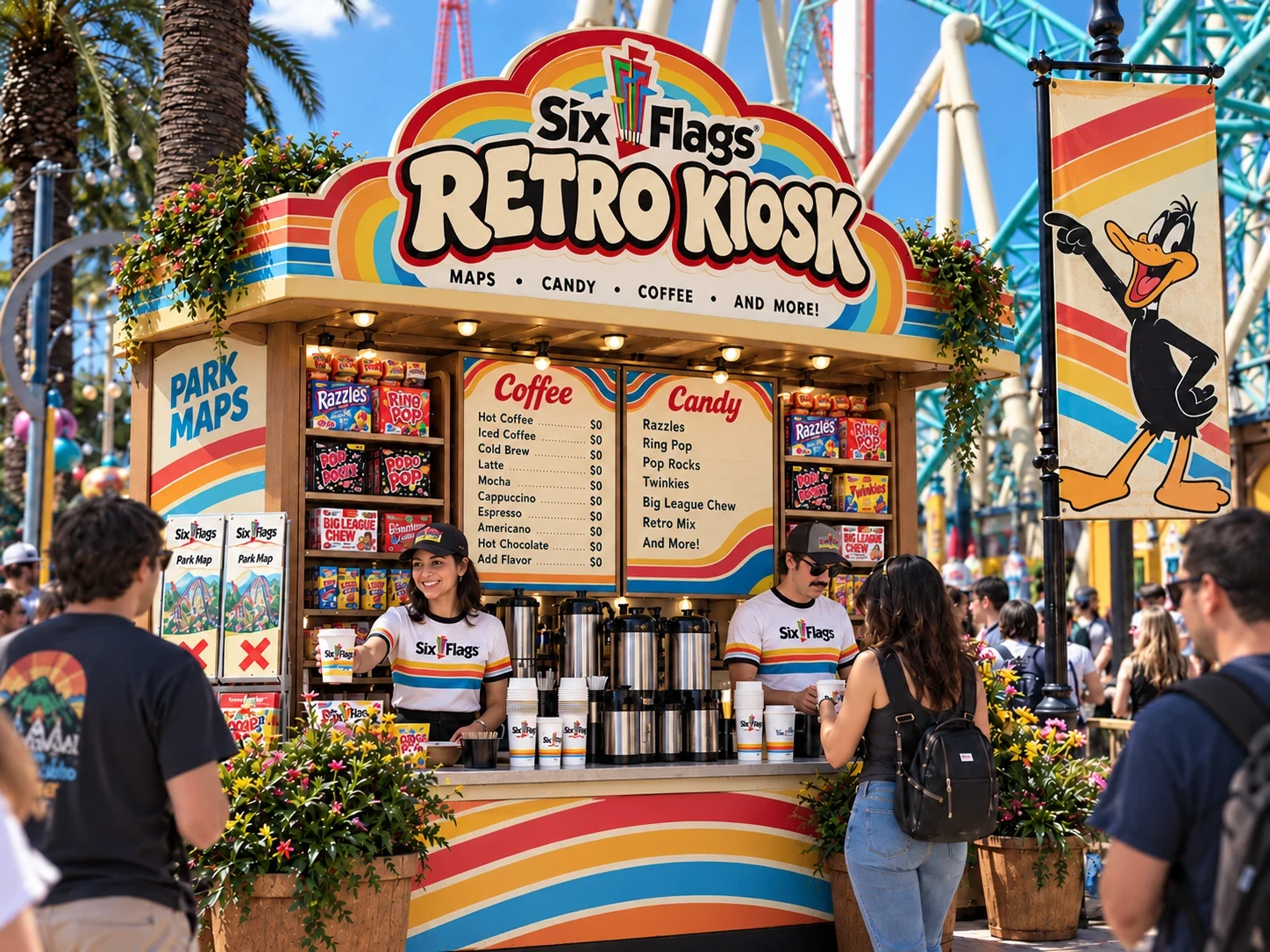 The Six Flags Retro Kiosk in the park: a rainbow-striped stand selling maps, candy and coffee, with a $0 coffee menu, Razzles, Ring Pop and Pop Rocks on the shelves