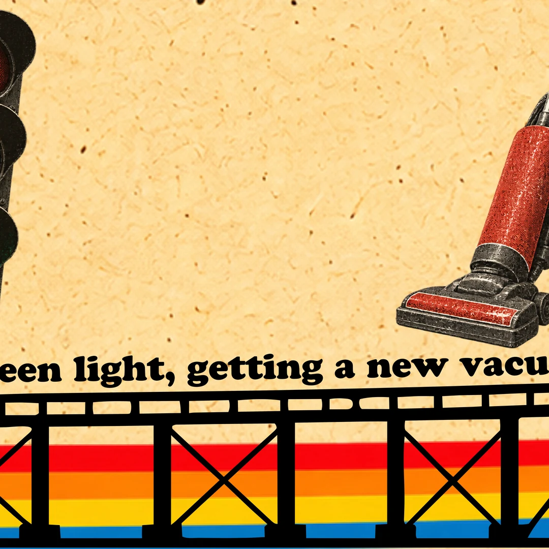 The track continues under an upright vacuum cleaner: 'light, getting a new vacuum'