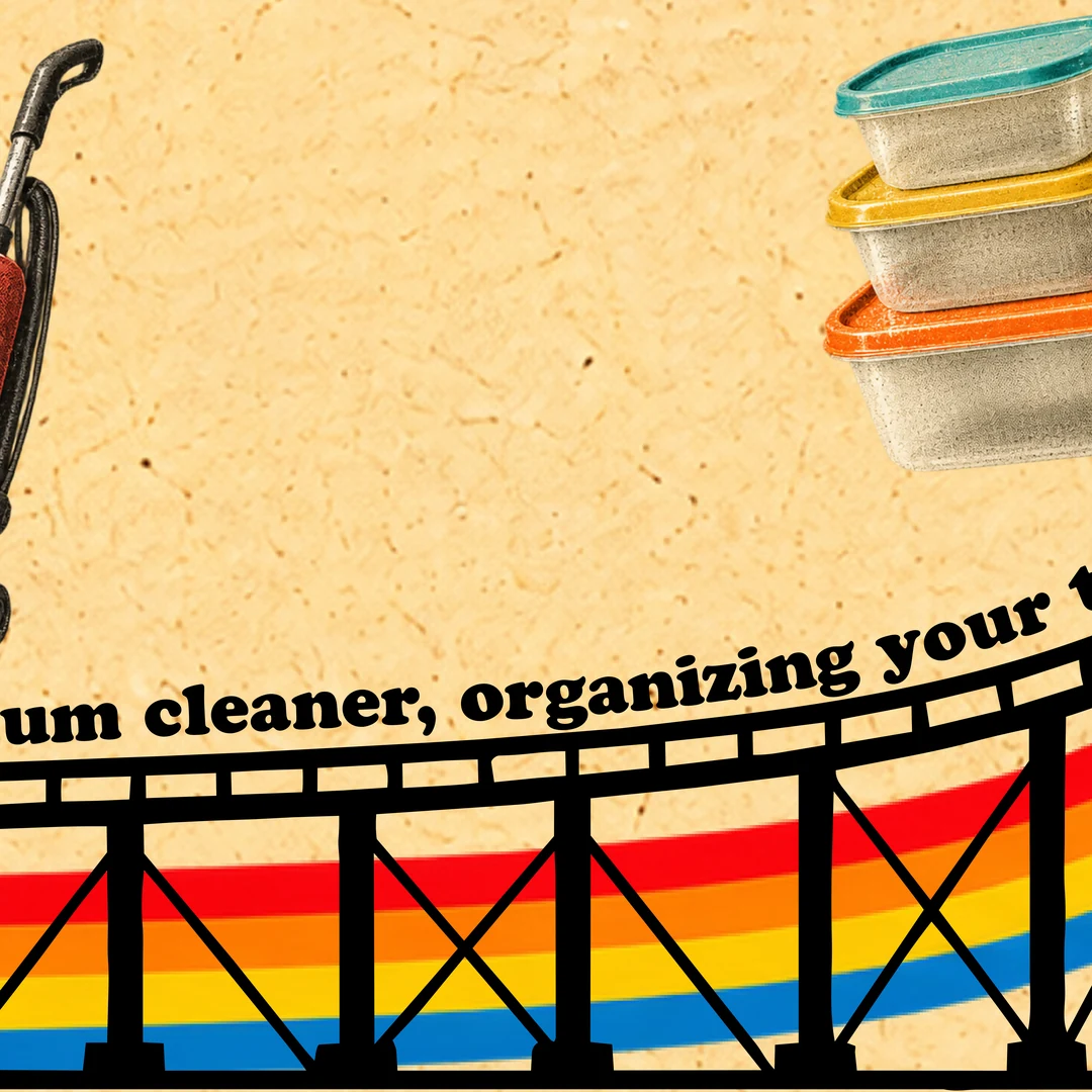 The track starts to climb under a stack of Tupperware: 'cleaner, organizing your'