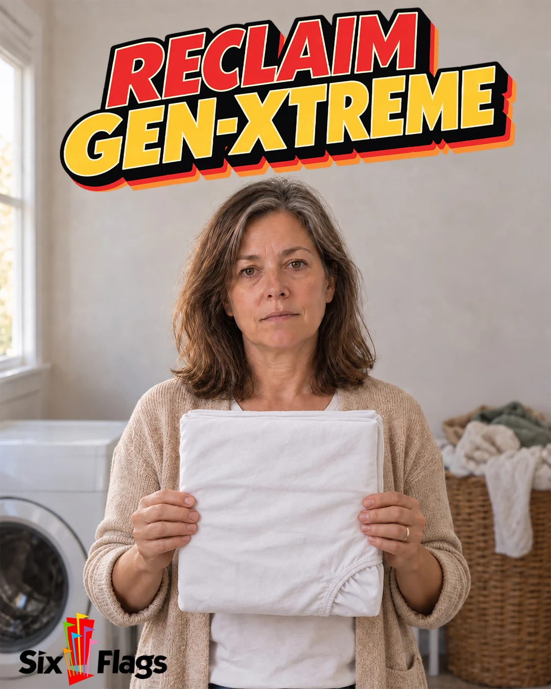 Facebook ad: a woman in her 50s holds up a perfectly folded fitted sheet with a blank stare, under 'Reclaim Gen-Xtreme' and the Six Flags logo