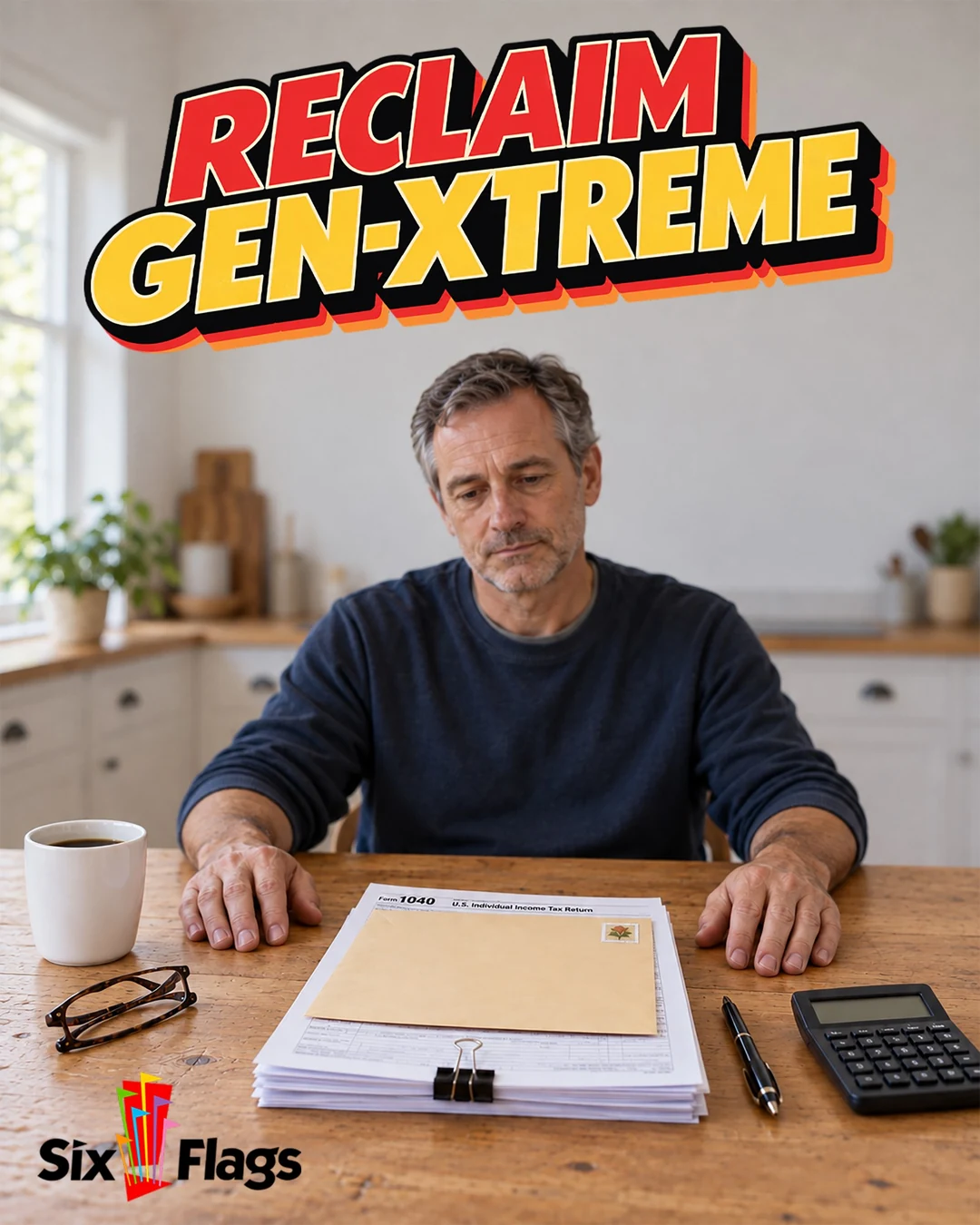 Facebook ad: a man in his 50s looks flatly at his finished, stamped tax return on the kitchen table, under 'Reclaim Gen-Xtreme' and the Six Flags logo