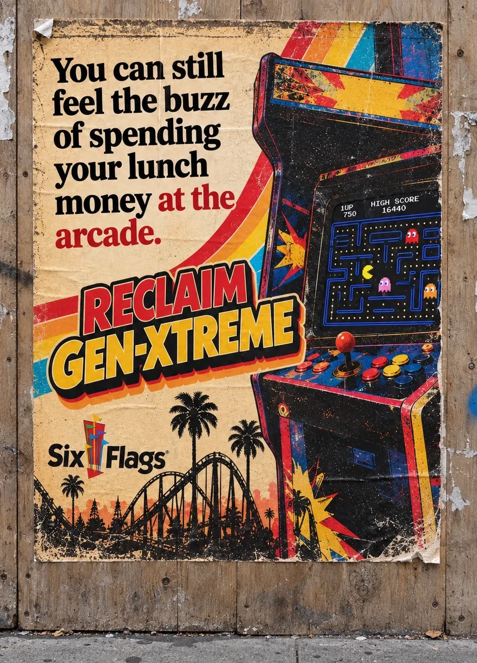 Wheatpaste poster on a plywood construction wall: 'You can still feel the buzz of spending your lunch money at the arcade. Reclaim Gen-Xtreme,' beside an arcade cabinet playing Pac-Man