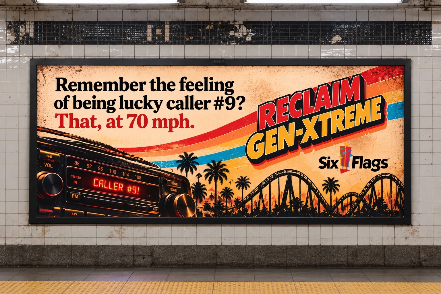 Subway platform poster on a white-tiled wall: 'Remember the feeling of being lucky caller #9? That, at 70 mph. Reclaim Gen-Xtreme,' with a car radio reading CALLER #9!