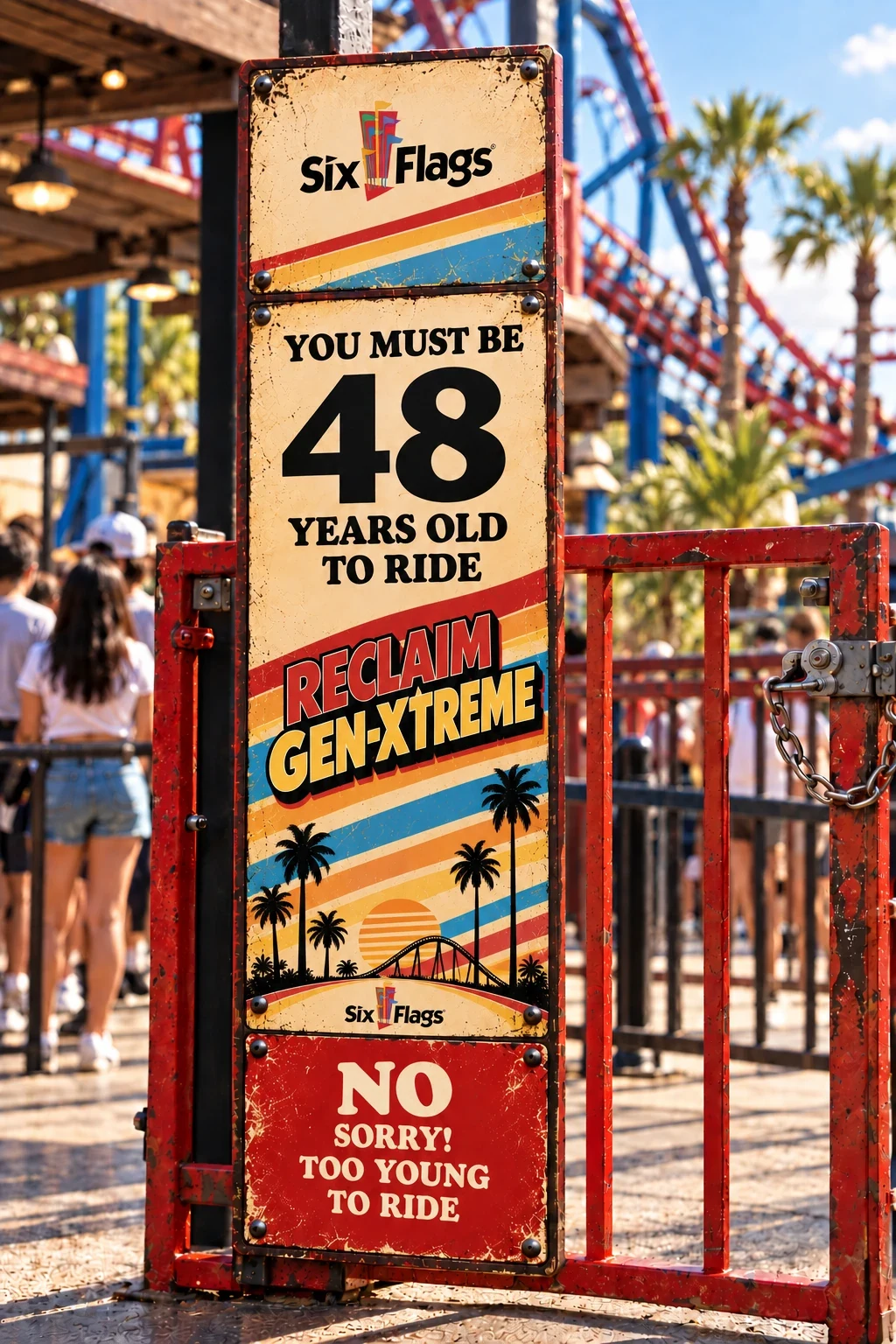 Ride-entrance age sign: 'You must be 48 years old to ride. Reclaim Gen-Xtreme,' above a red panel, 'No. Sorry! Too young to ride.'