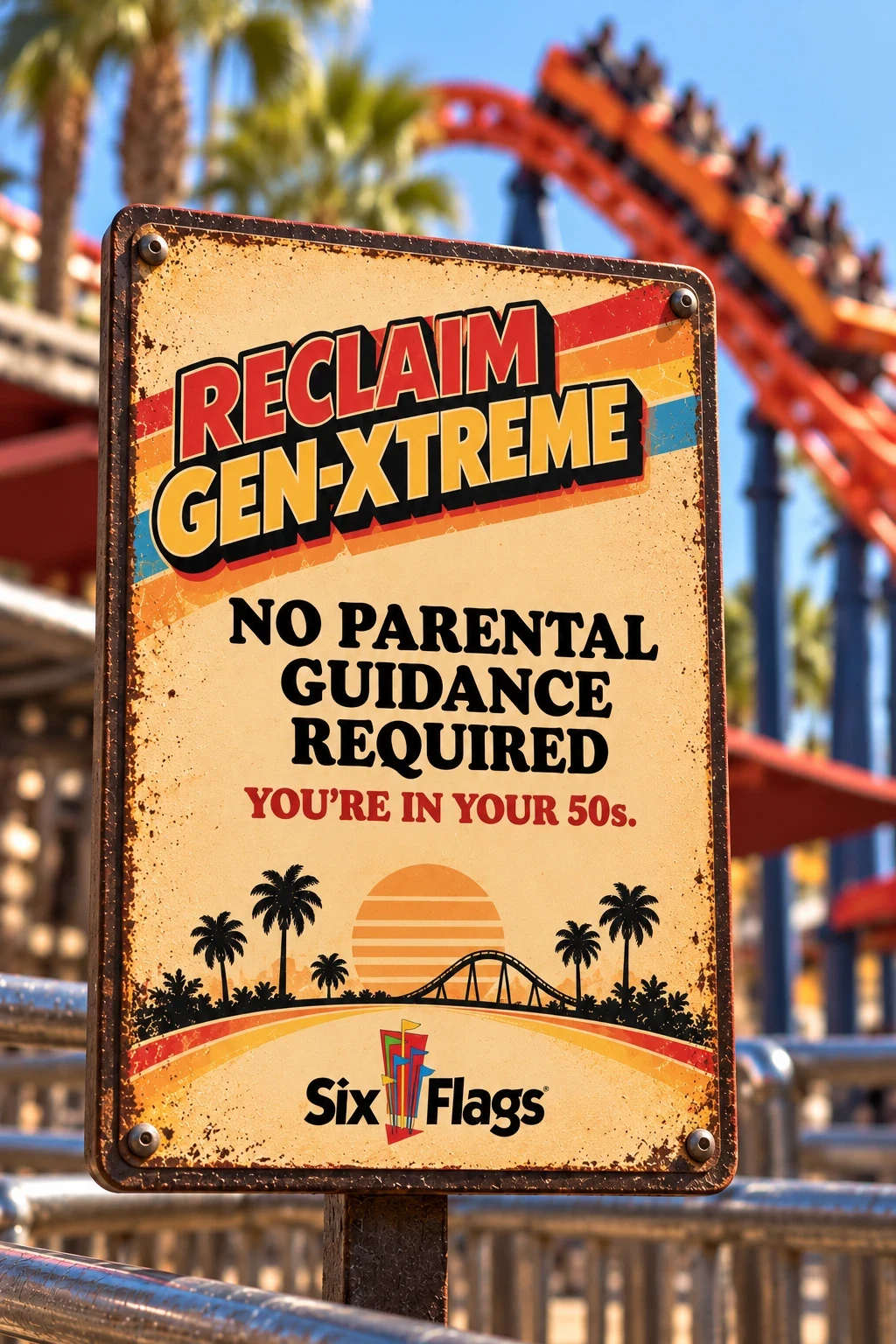 Retro in-park sign: 'Reclaim Gen-Xtreme. No parental guidance required. You’re in your 50s.'