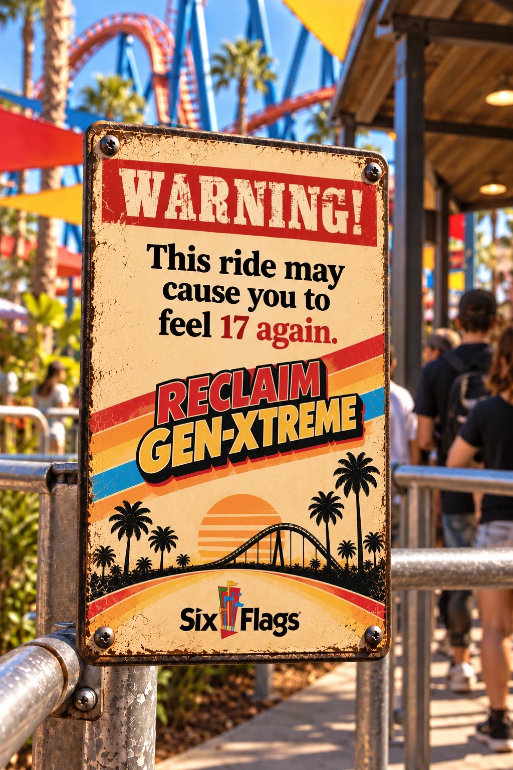 Retro in-park sign by a coaster queue: 'Warning! This ride may cause you to feel 17 again. Reclaim Gen-Xtreme.'