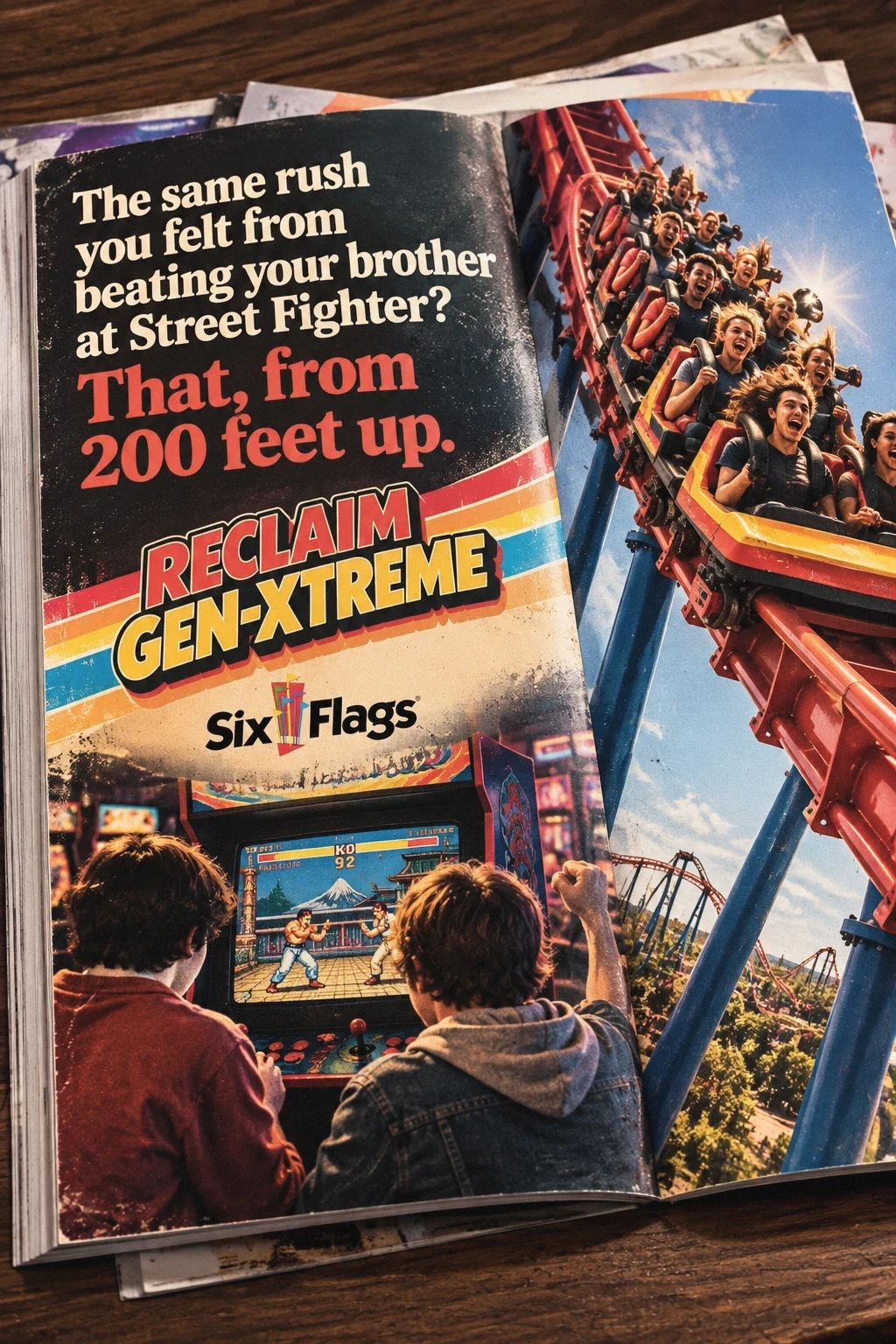 Magazine spread: 'The same rush you felt from beating your brother at Street Fighter? That, from 200 feet up. Reclaim Gen-Xtreme,' two kids at an arcade cabinet beside riders screaming on a coaster