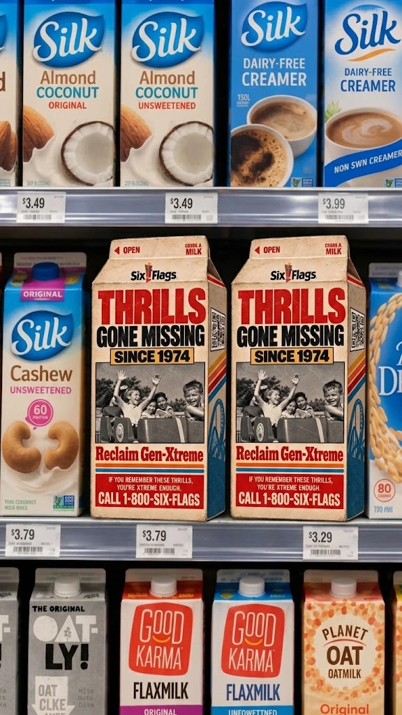 A grocery shelf of Silk, Oatly and Good Karma cartons, with two Six Flags milk cartons in the middle